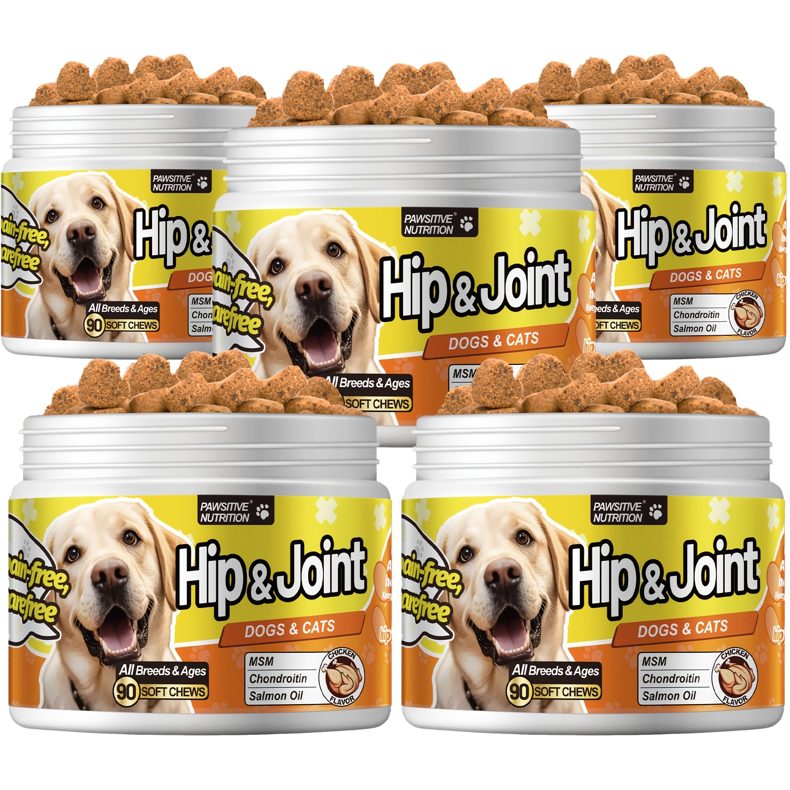 Super Deal 5-pack | Dog Supplement | Hip & Joint Support With Hcl, Msm, Salmon Oil & Vitamin C | Daily Mobility Nutrition For , Senior Dogs & All Breeds | Chicken Flavor | 90 Chews Per Bottle