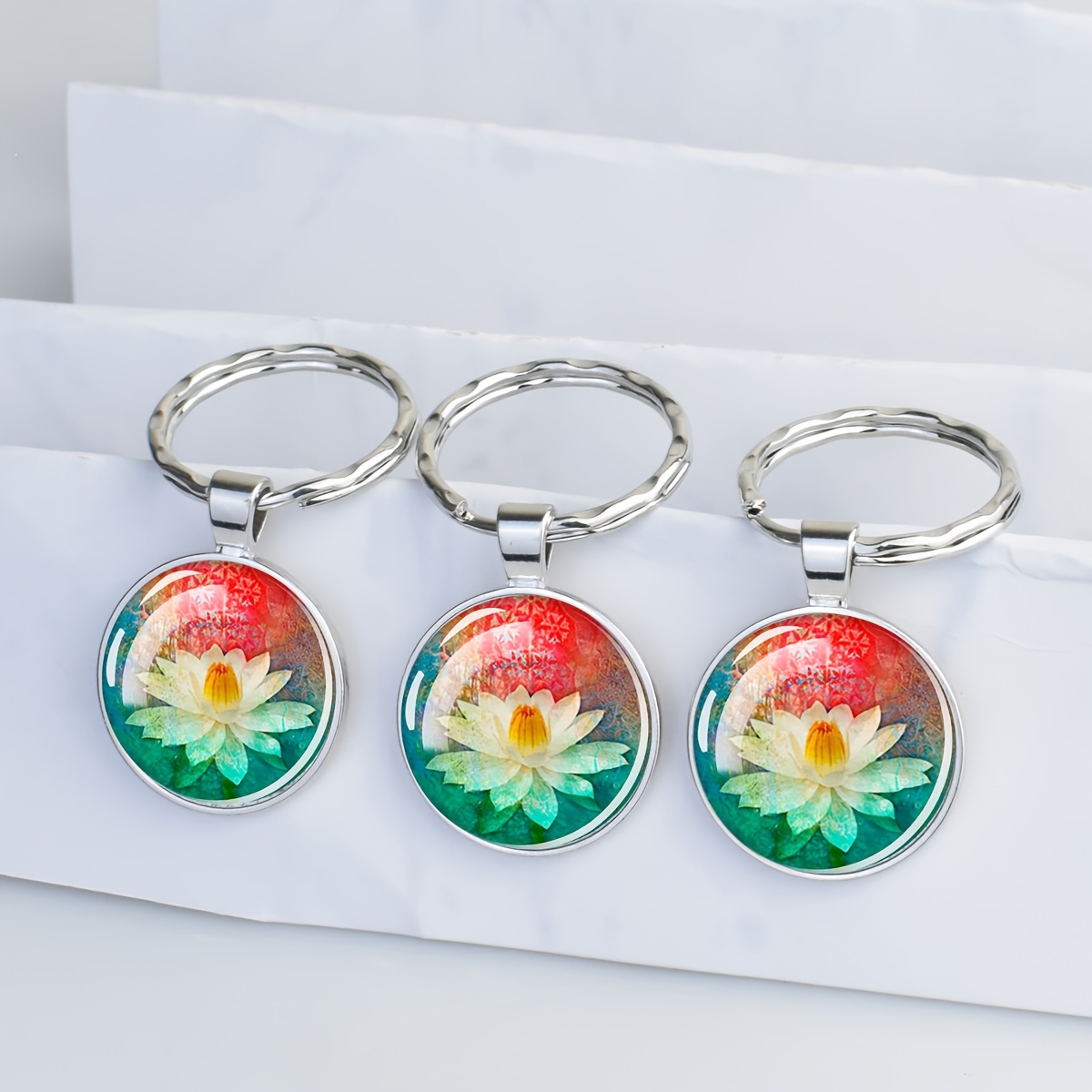Colorful Background Glass Dome Key Ring Keychain, 3pcs