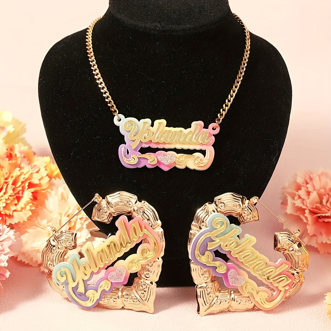 

Custom Acrylic Name Necklace And Earrings Set - Cute Vacation Style Personalized Letter Nameplate With Heart, Bamboo Detail, No Plating - Christmas Gift For Weddings And Special Occasions