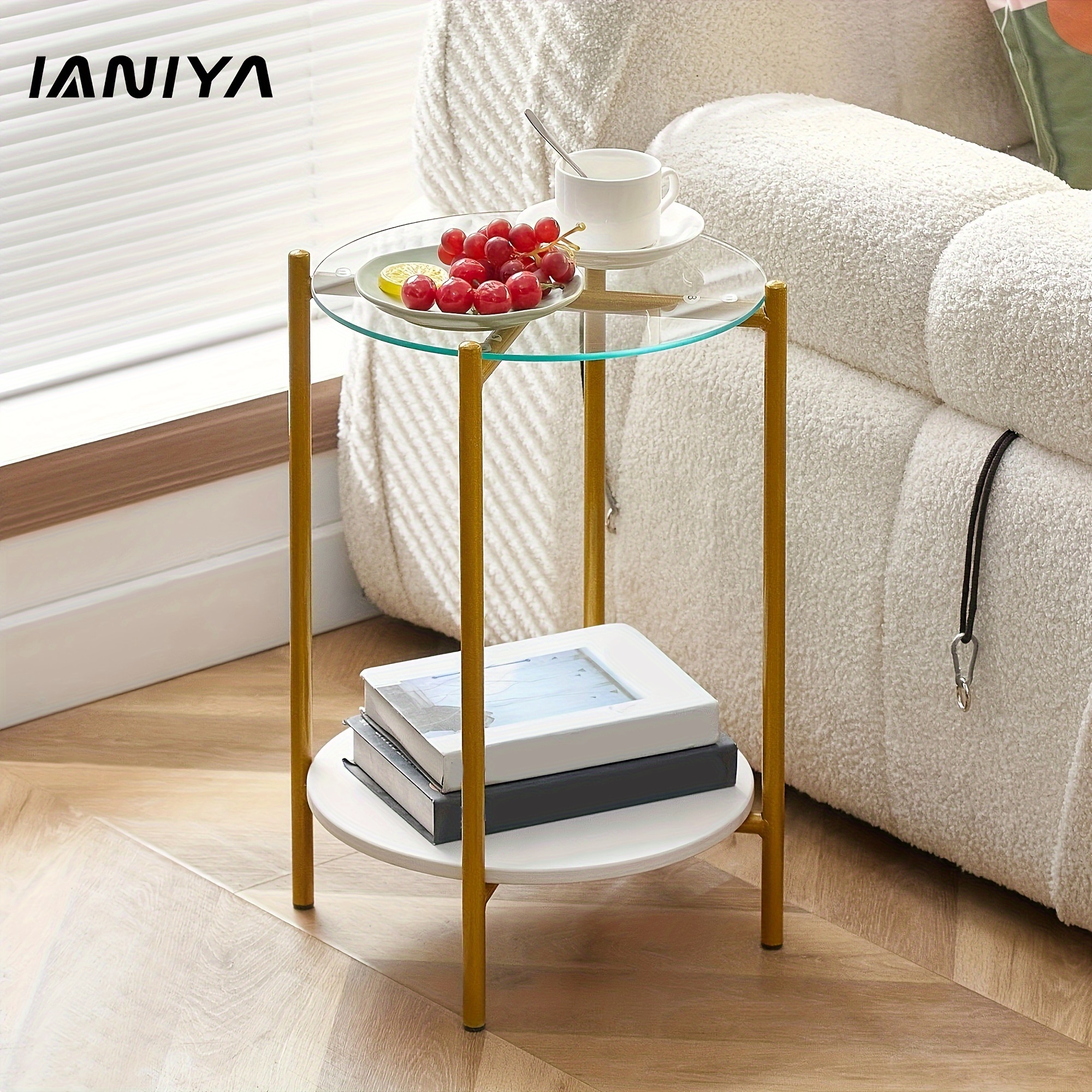 

Ianiya 2-layer End Table With Tempered Glass And Marble Tabletop, Round Coffee Table With Golden Metal Frame For Bedroom Living Room Office (1 Piece)