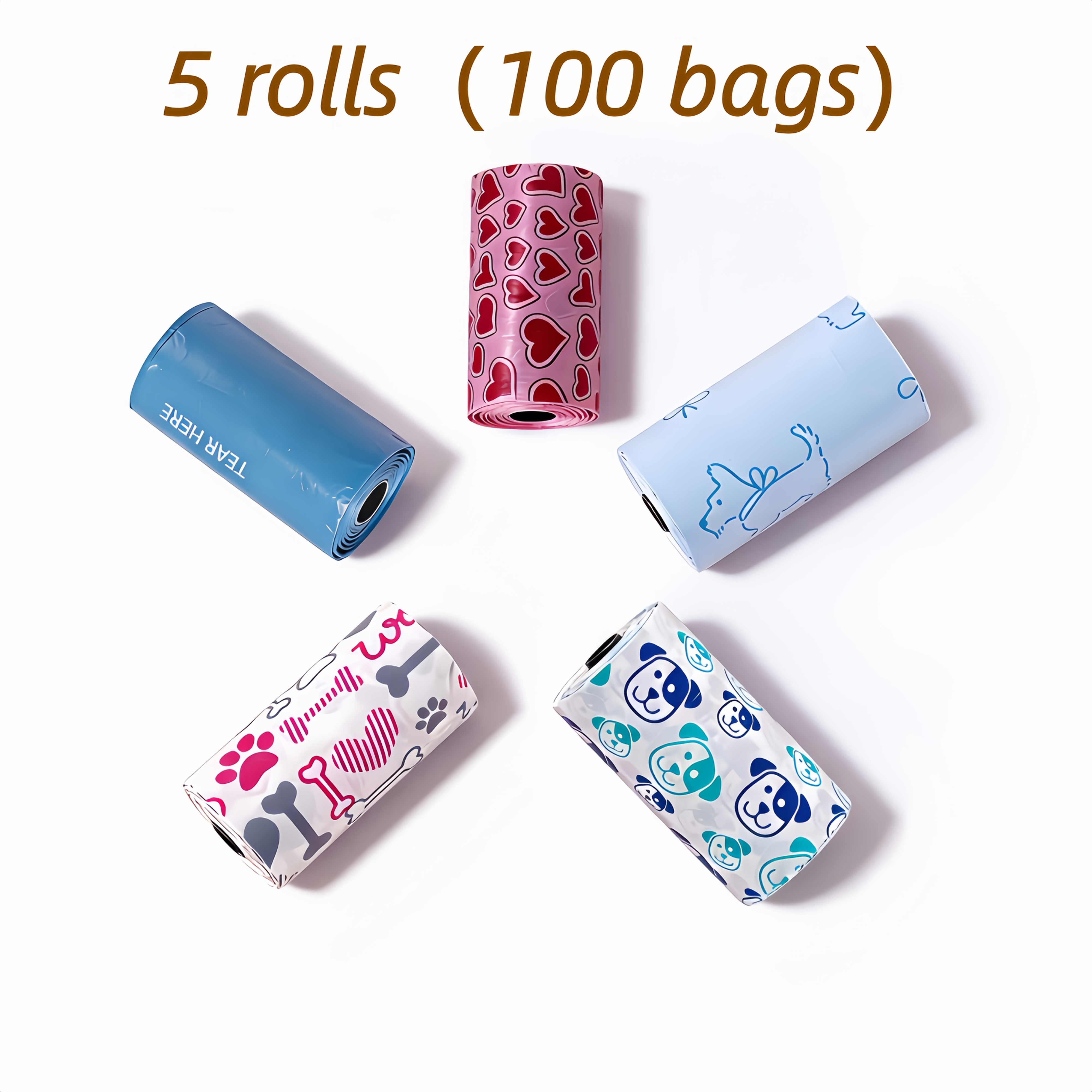 TEMU 5 Rolls () Of Pet Waste Bags - Thick, Durable, With Ocean And Lemon Scents, Featuring Designs Of Cats, Dogs, And Hearts, Perfect For Pet And