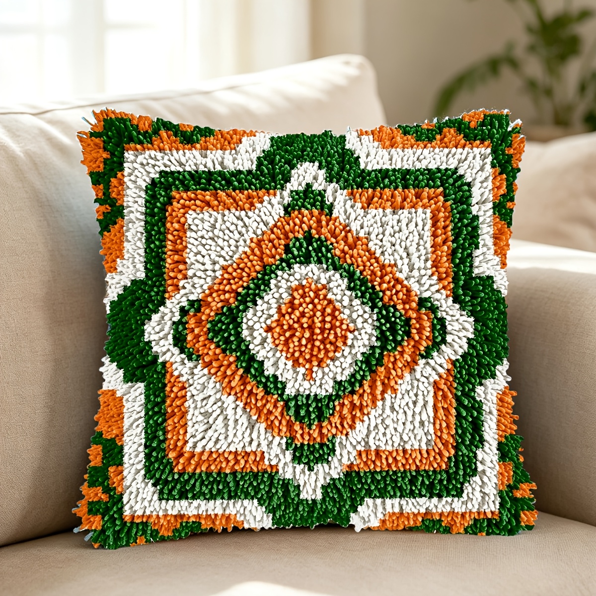Latch Hook Kit Pillow Plant, Bohemian Style Printed Pattern