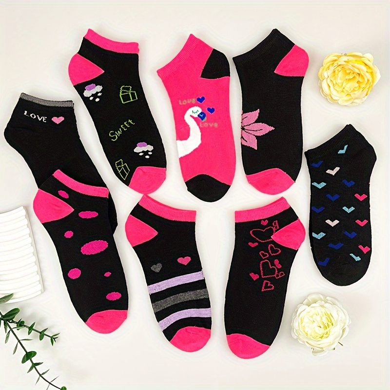 

8 Pairs Creative Color Block Pattern Ankle Socks, Comfy & Breathable Short Socks, Women's Stockings & Hosiery