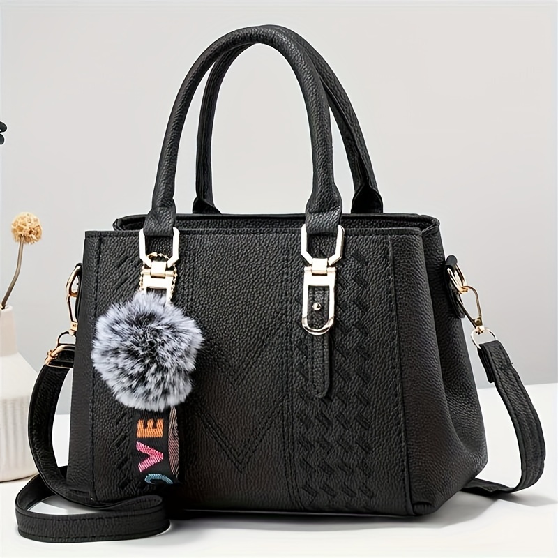 

Elegant Fashion Tote Handbag For Women With Pompom Charm, Embroidered Faux Leather Multi-layer, Versatile Shoulder & Crossbody Bag For Dating And Parties