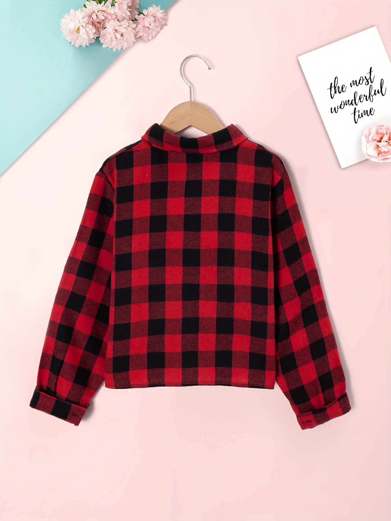 Girls' Casual Red Black Checkered Long Sleeve Shirt with Adjustable Bow  Tie, Collar Short Length Spring/Fall Outing Shirt for Shirts for Girls