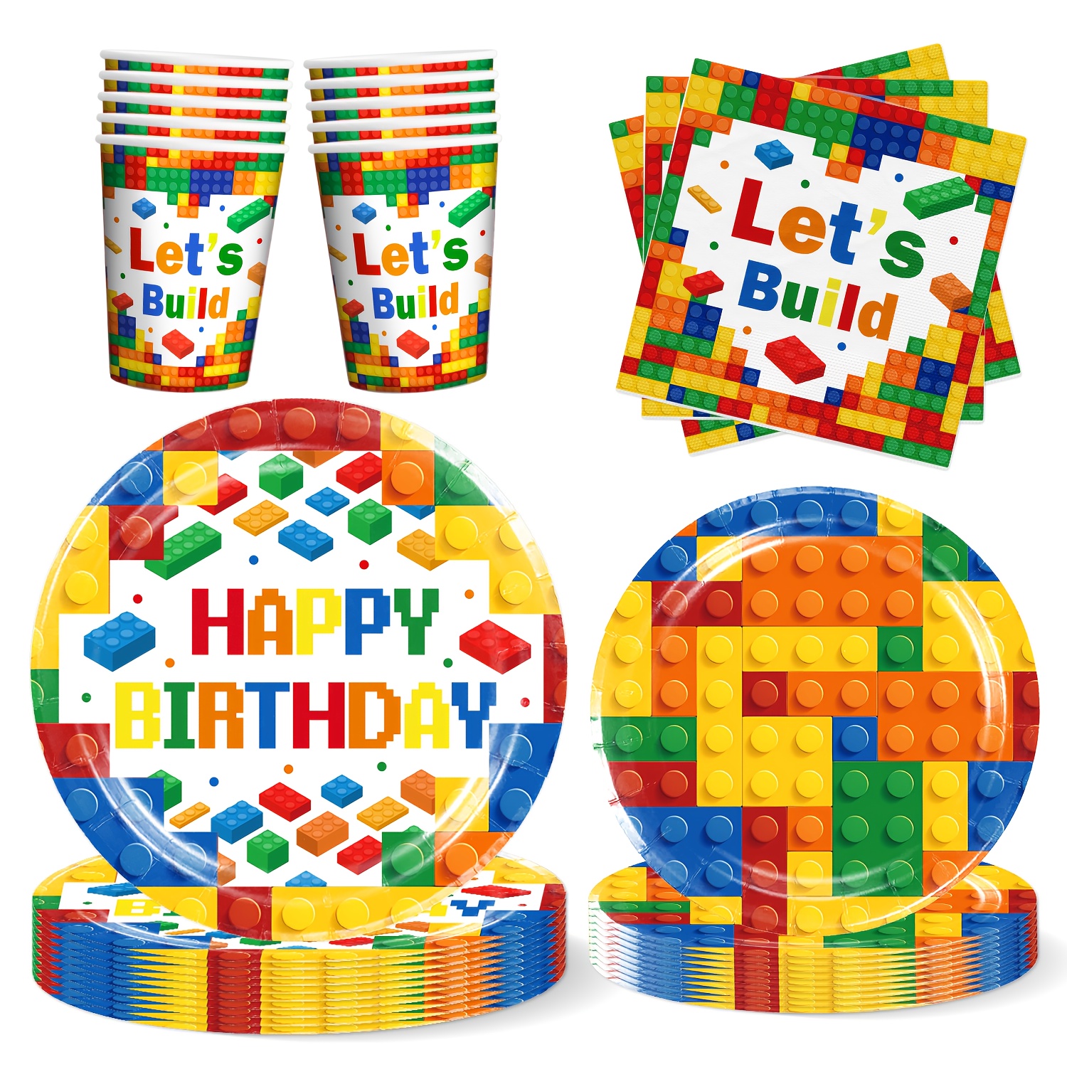 Image of 50pcs Of Building Block Themed Party Decorations, Building Block Birthday Party Supplies Set, Including Plates, Napkins, And Cups For A Home, Living Room, Or Dining Table Party For 10 Guests