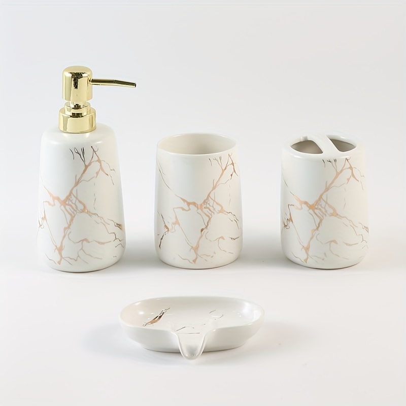 4pcs Marble Pattern White Round Bottom Ceramic Personal Cleansing Set Bathroom Toothbrush Cup Apartment Hotel Shower Room Pump Liquid Dispenser Home Sink Draining Soap Dish