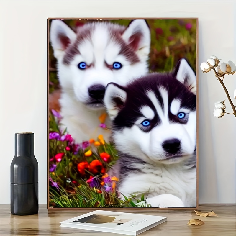 Image of 1pc New 5d Diy Diamond Painting Kit, 2 Cute Husky Patterns, Round Diamond Canvas Art Craft, For Living Room, Bedroom, Study, Halloween And Christmas Gift, Home Decor Wall Art, Frameless