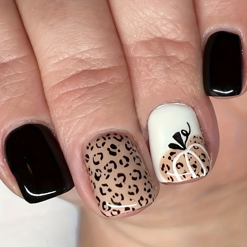 TEMU 24pcs Short Square Press-on Fake Nails - Brown And Print With Pumpkin Design, Suitable For Daily Wear