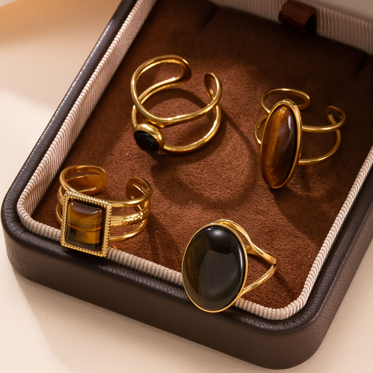 TEMU 4pcs Stainless Steel Ring Set - Eye Inlaid Open, Minimalist Geometric Openable Ring Suitable For &, Casual Attire, Parties, Anniversary Gifts,