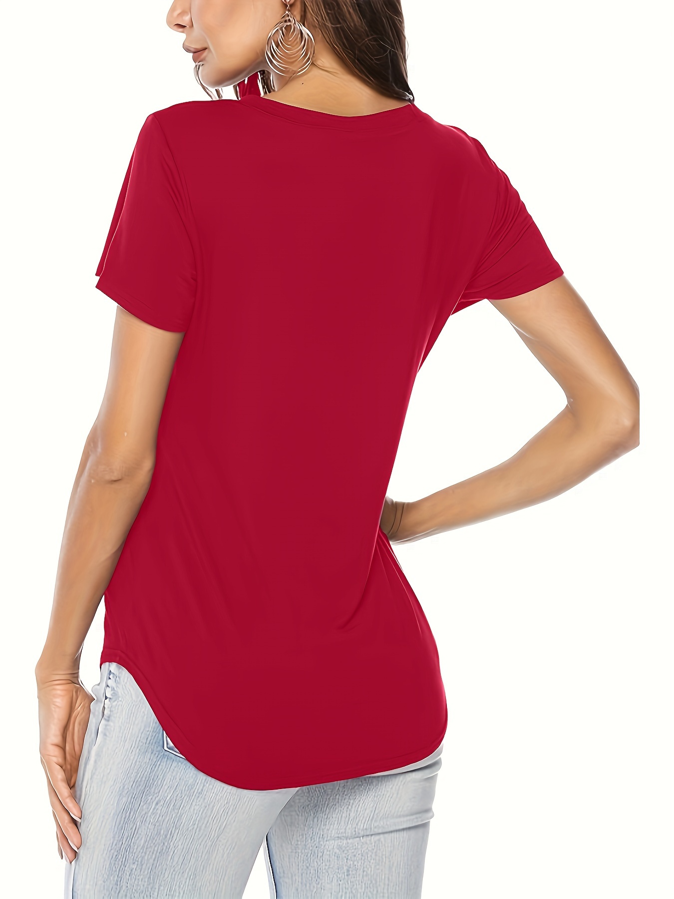 Solid Color Casual Short Sleeve T-shirt, V-Neck Running Sports Tee, Women's Activewear