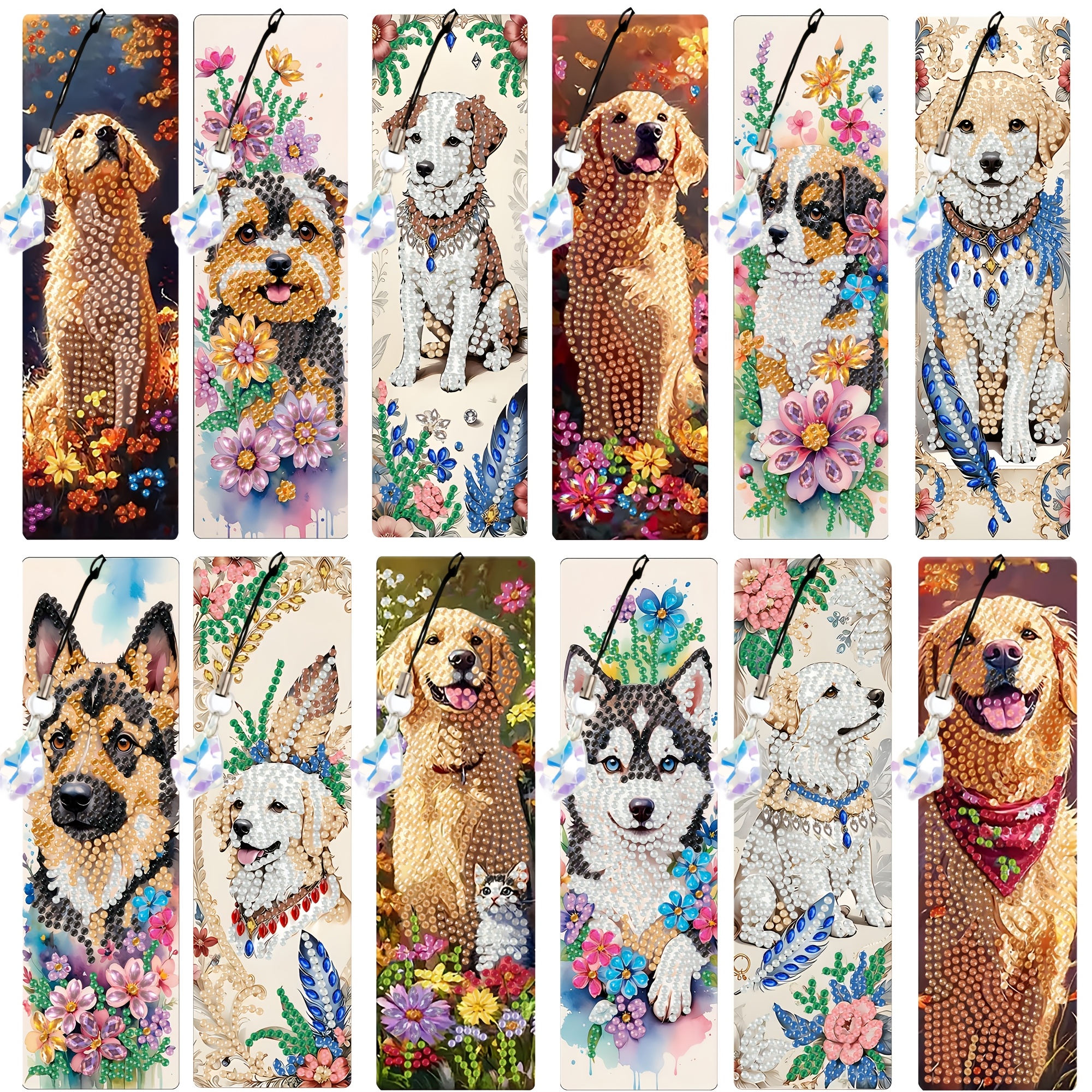 TEMU Un set di 12 segnalibri assortiti per pittura con diamanti a tema cane, con ciondoli di scintillanti, ideali per principianti nel crafting. per