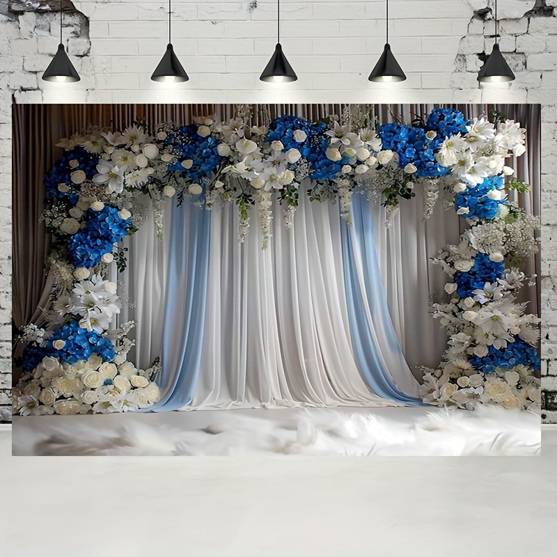 

Polyester Wedding Backdrop Curtain With Blue And White Floral - Princess Theme Photo Banner For - Ideal For Entryway, Room, Garden - For All - No Electricity Needed - 59x90.5 Inches