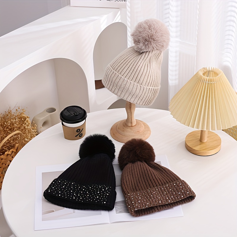 

Women's Luxe Rhinestone-embellished Knit Beanie With Pom - Thick, Warm & Breathable Winter Hat