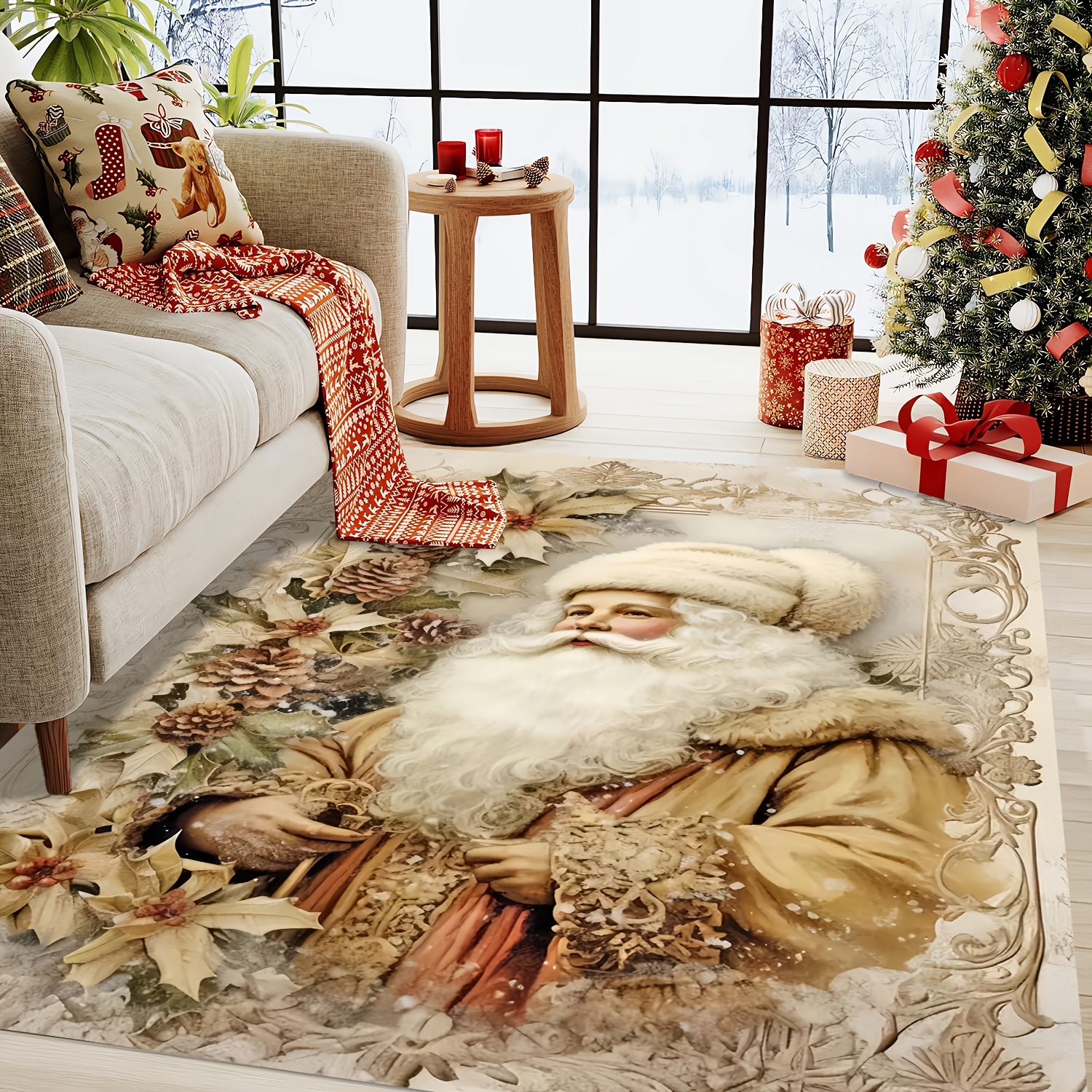 TEMU [Prodotto] Tappeto Motivo di e Fiori per Natale, e Confortevole, Assorbente, per Ingressi, Sale Giochi, Soggiorni, e Camere da Letto, una