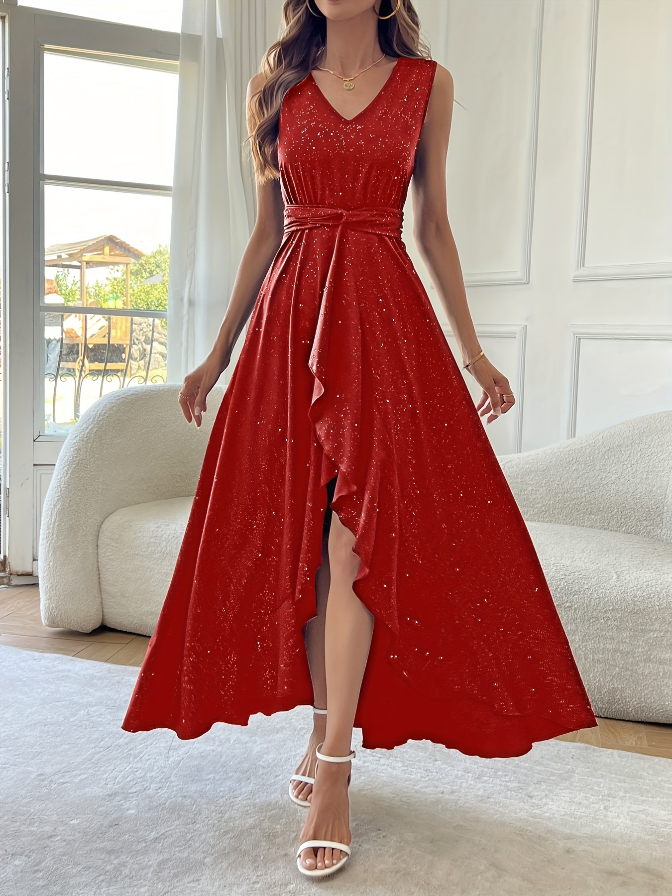 womens v neck elegant solid color dress flared skirt - Temu Mauritius