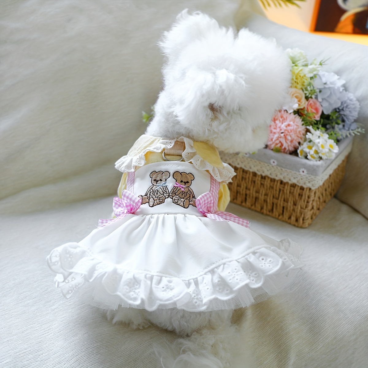 

1pc Pet Dress With Cute Teddy Bears Design, Lace Princess Skirt For Dogs, Spring Summer Fashion, Adorable Clothing, Pet Outfit