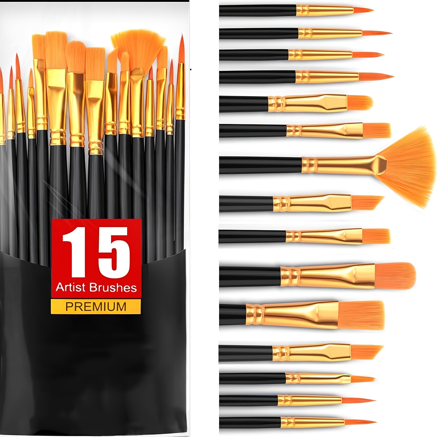 TEMU Set di 15 pennelli professionali per con setole sintetiche in nylon e in plastica - Punta media adatta per acrilico, olio, , pittura su roccia -