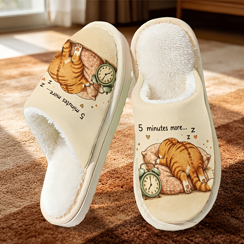TEMU Lazy Cat Printed Indoor Slippers For Men And Women, Cozy Plush-lined House Shoes, Lightweight, Comfortable And Warm, Great Gift For