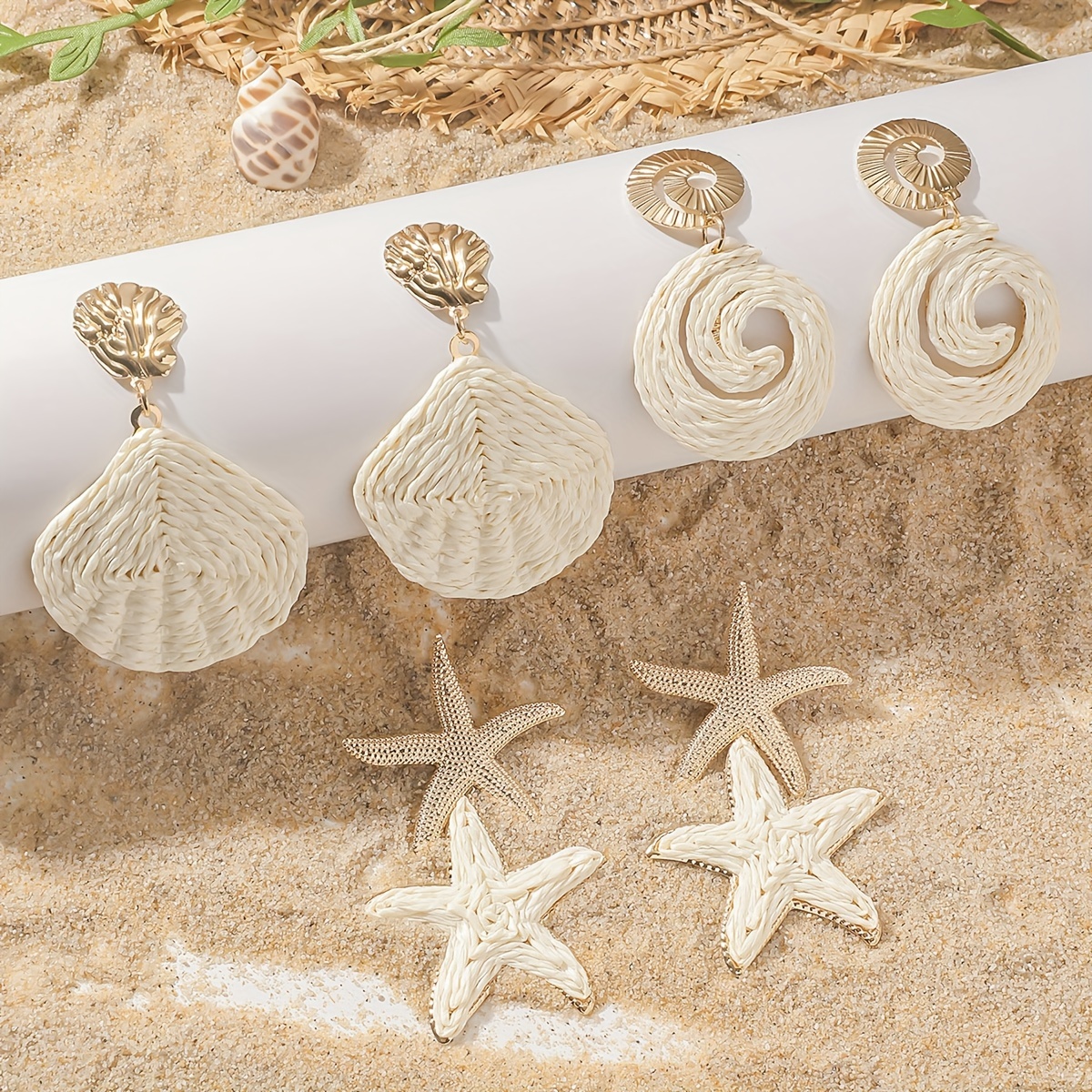 Image of 1 Set Of 6pcs Bohemian Raffia Starfish Earring Set, Ocean-themed Beach Personality Fashion Shell And Conch Earring Set, Suitable For Women' And Vacation Wear