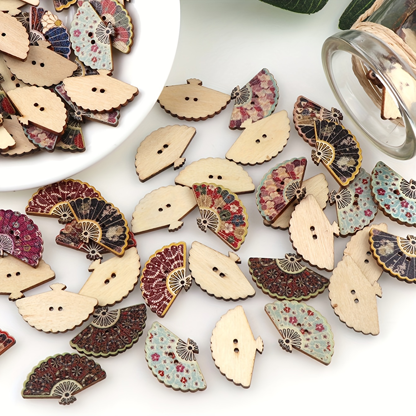 

30pcs Elegant & Cute -e Printed Wooden Fan Shape Buttons, Diy Craft Decorative Buttons For Summer, Vintage Style, Sewing Accessories For Clothing And