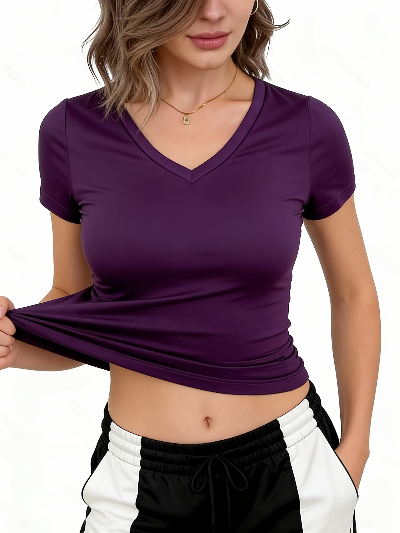 womens summer v neck fitted casual solid color short sleeve cropped loungewear top details 3