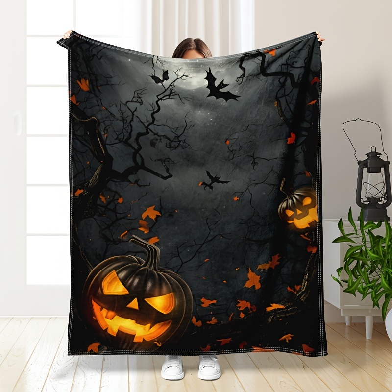 

Spooky Halloween Pumpkin Print Flannel Blanket - Soft, Warm & Cozy For Couch, Bed, Office, And Travel - All-season Gift Blanket