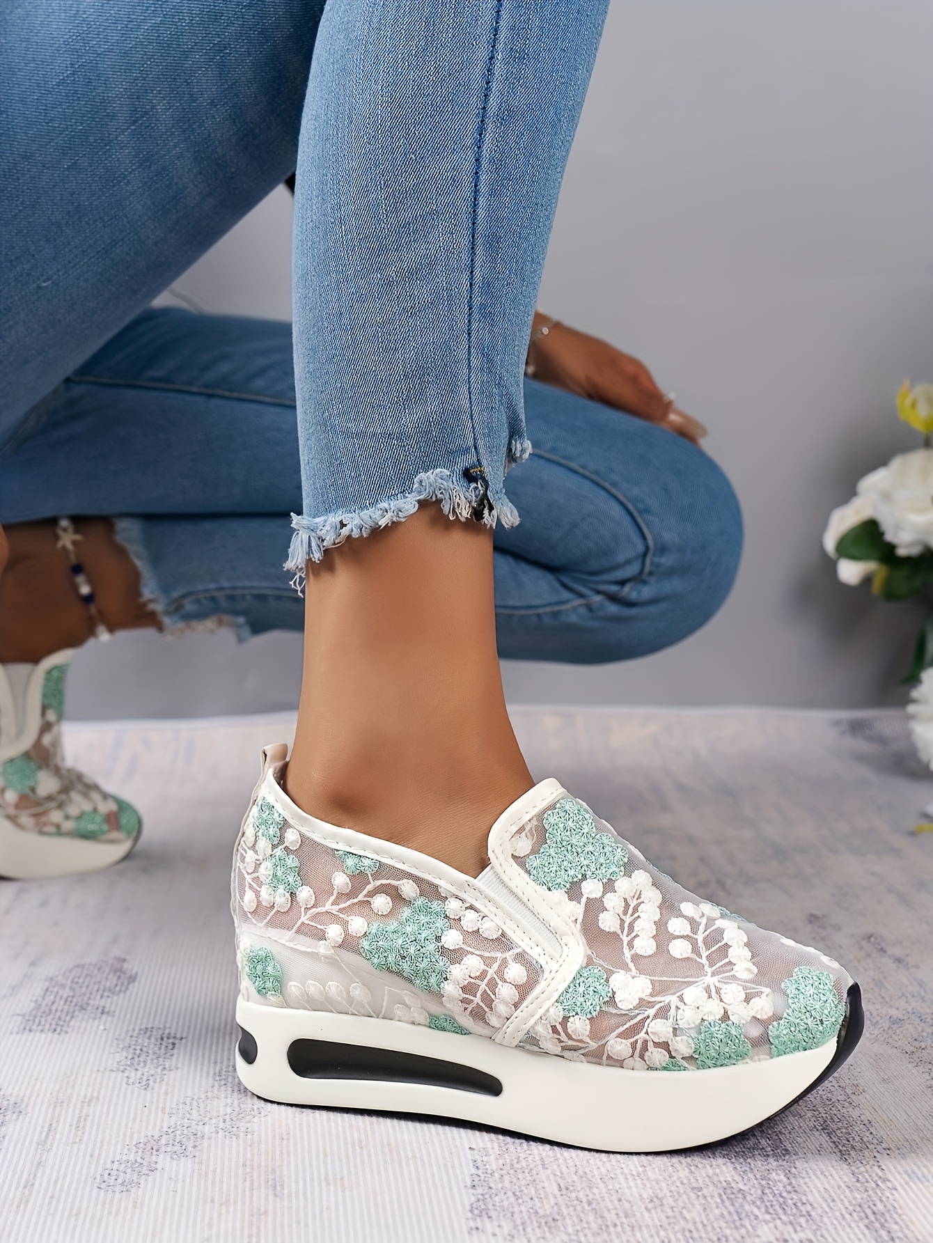 chic womens lace mesh sneakers breathable anti skid slip on platform shoes with   ladies sneakers details 3