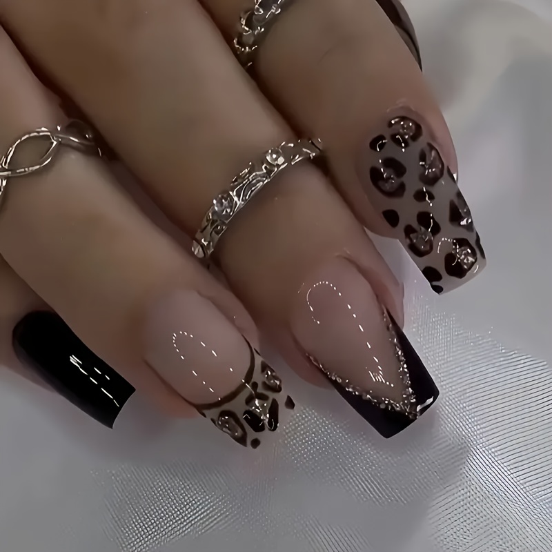 

24pcs Press-on False Nails Set, Long Square Black Triangle French Edge Leopard Print Design, Glossy Finish, With Jelly Glue And Nail File, Nail Art For Manicure