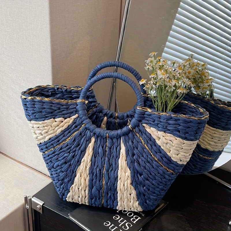E-shop Perfekte Lily Bohemian Vintage Gewebte Handtasche für Damen - Rustikale Gestreifte Strandtasche mit Festen Schulterriemen, Offenes