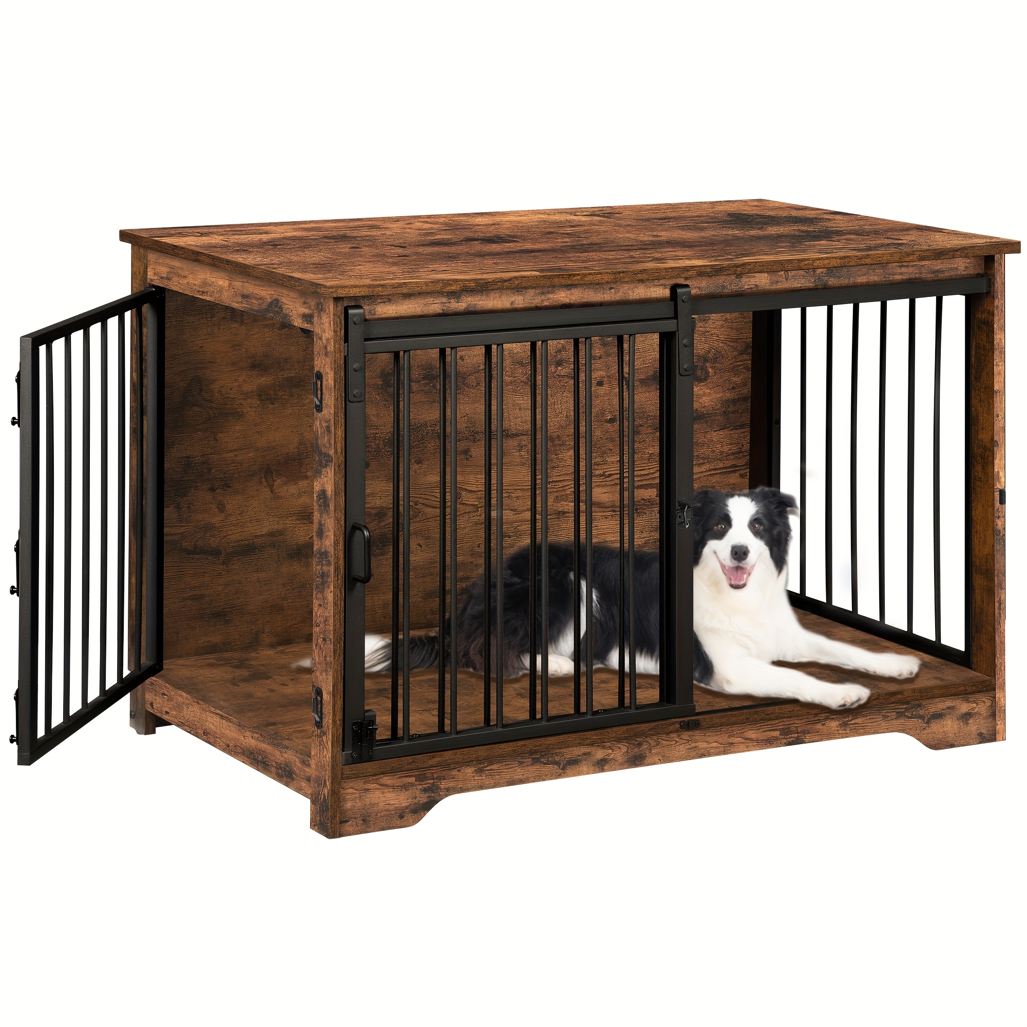 TEMU Dog Crate Furniture, 100cm Double Door Dog Crate With Barn Door, Indoor Kennel, End Side Table Wooden Animal Crates For Small Medium Large Dogs,