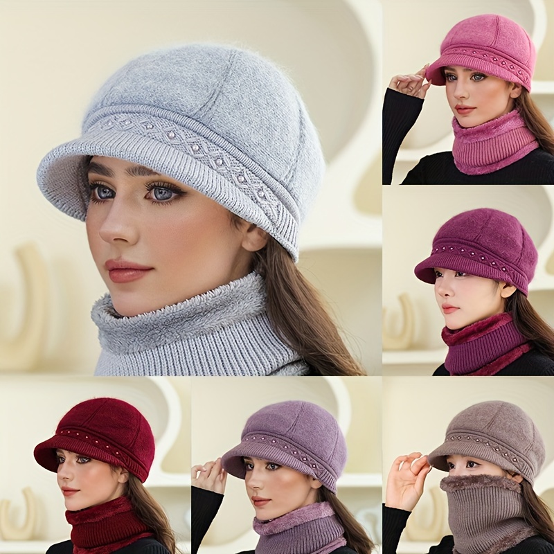 

1pc Beret Hat With Beads And Square Rivets, Suitable For Middle-aged And Elderly Women In Autumn And Winter, Plus Velvet Warm Basin Hat, Windproof Cold Ear Protection Knitted Beanie Hat