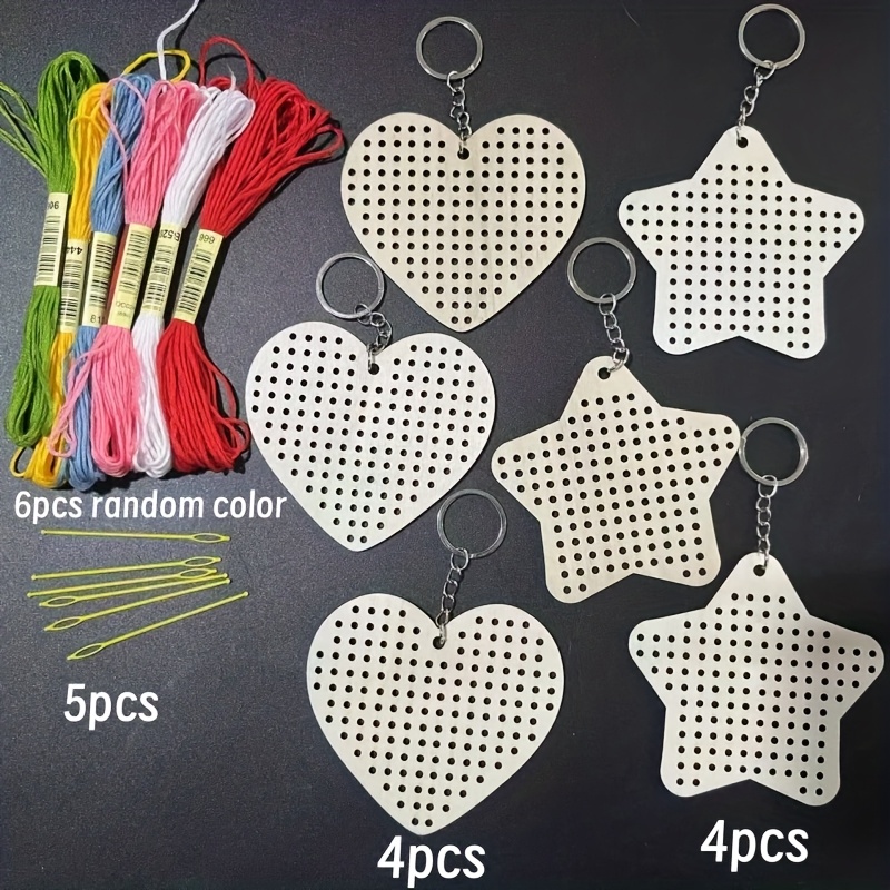 8pcs/set Wooden Heart Cross Stitch Keyring Embroidery Set Mini Sewing Diy Key Chains For Beginners Small Cross Stitch Sewing
