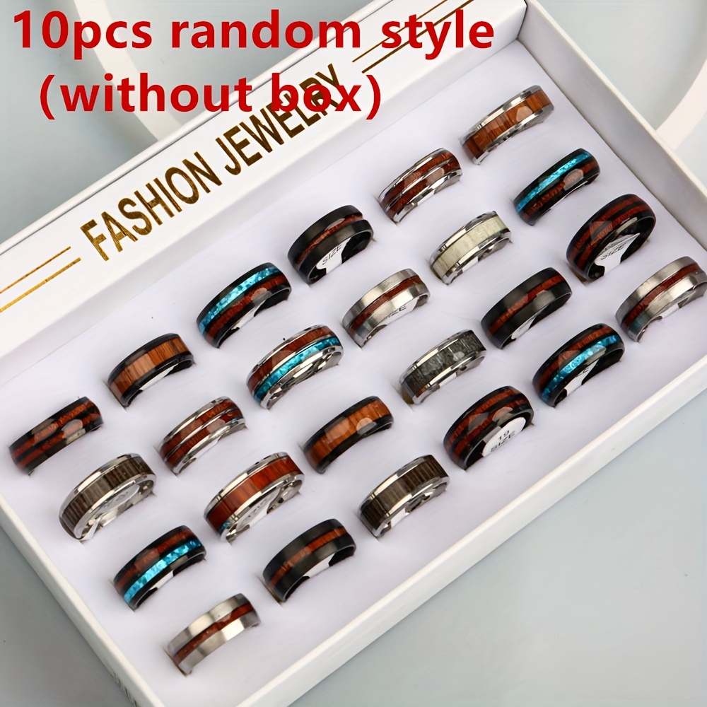 TEMU Set Of 10 Fashionable Vintage Wood Grain Stainless Steel Men's Rings, Exquisite Jewelry For Men And Women, Suitable For Daily Wear And Vacation,