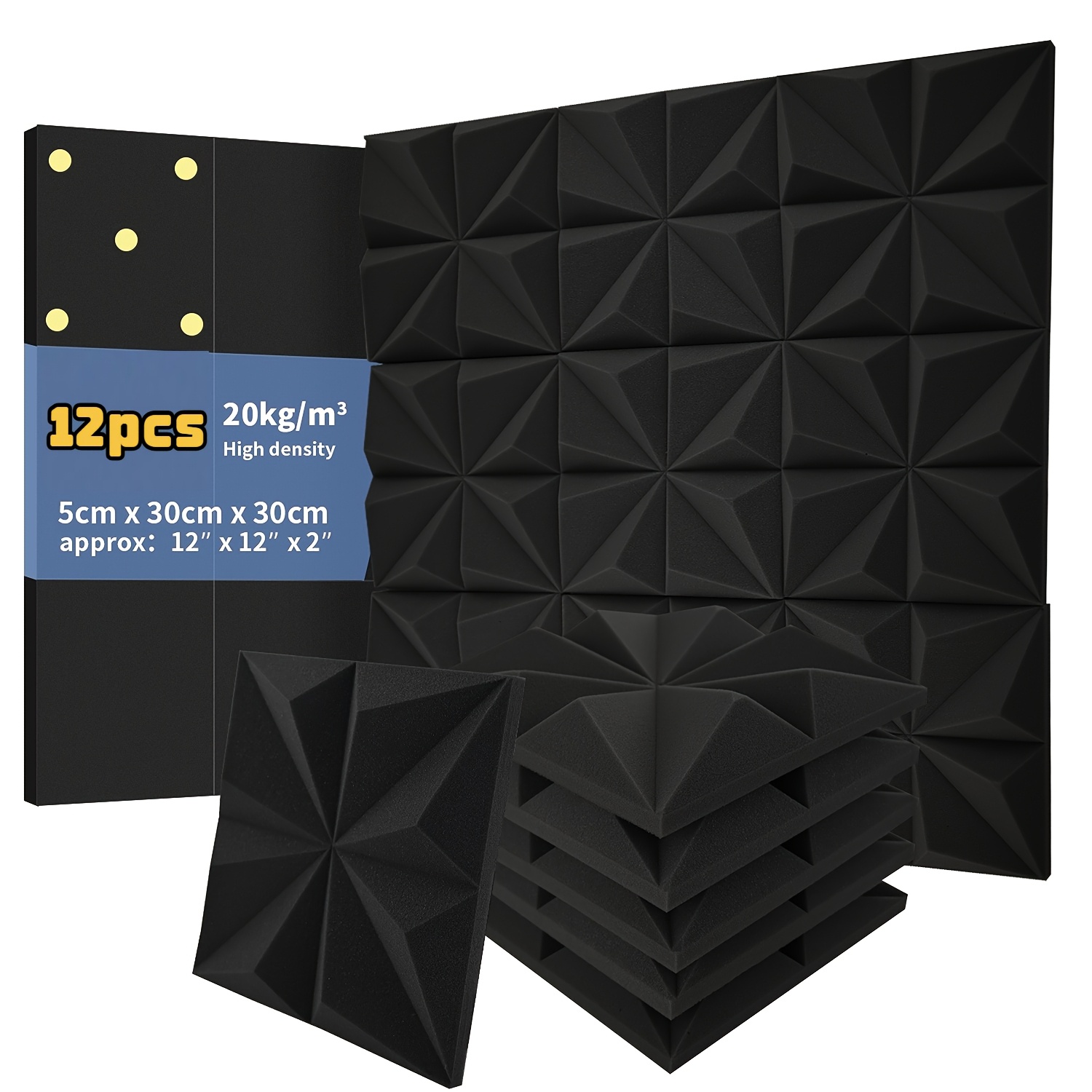 E-shop 12er-Pack hochdichte akustische Schallschutzpaneele, 12" × 12" × 2", schallabsorbierend, mit doppelseitigem Klebeband, geeignet für