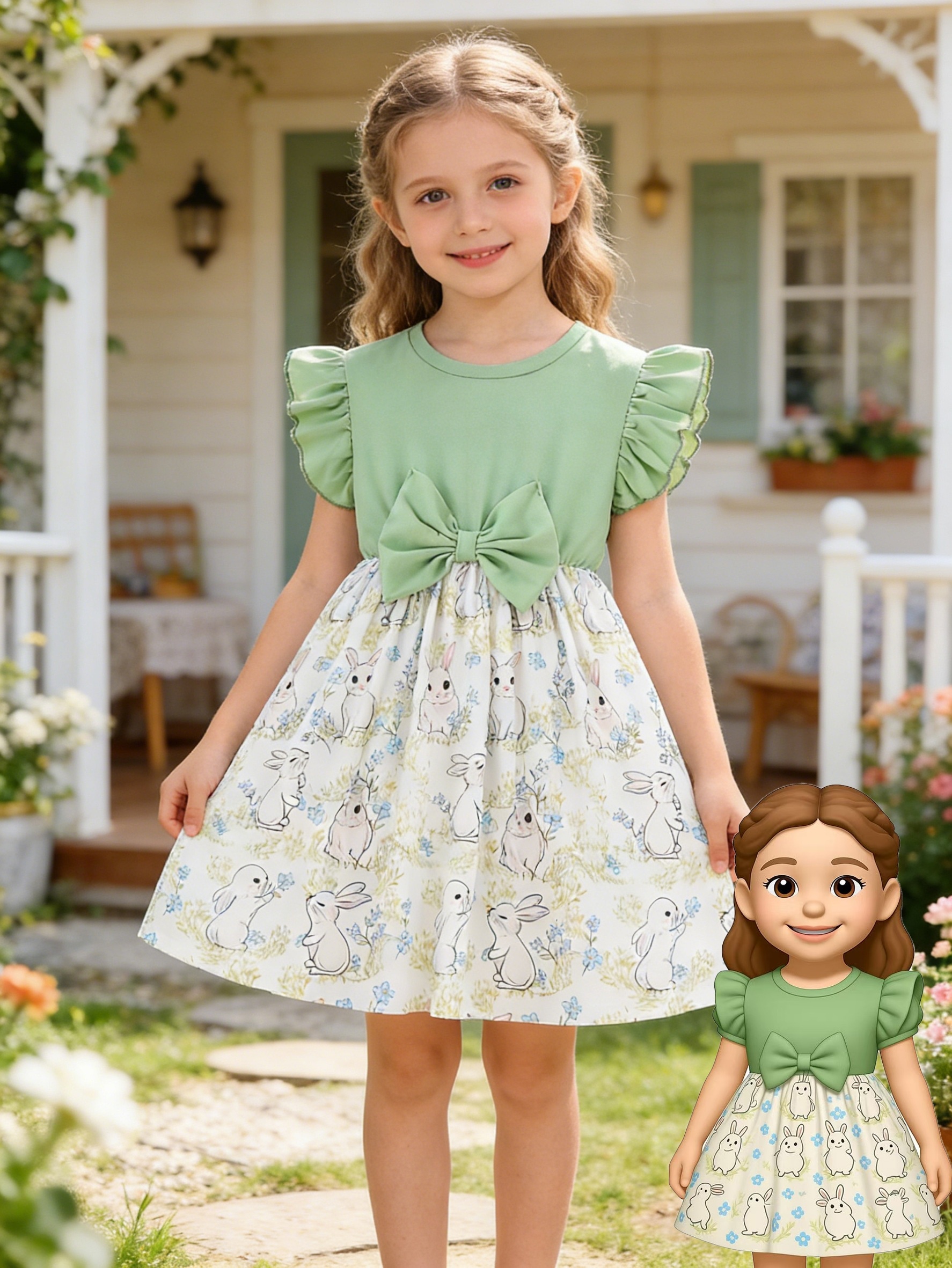 Girls' Spring Summer Bunny & Bow Dress with Print - A-Line Smock Dress for,  Lightweight Short Sleeve Party Wedding Guest Dress, Hand Washable Bow *