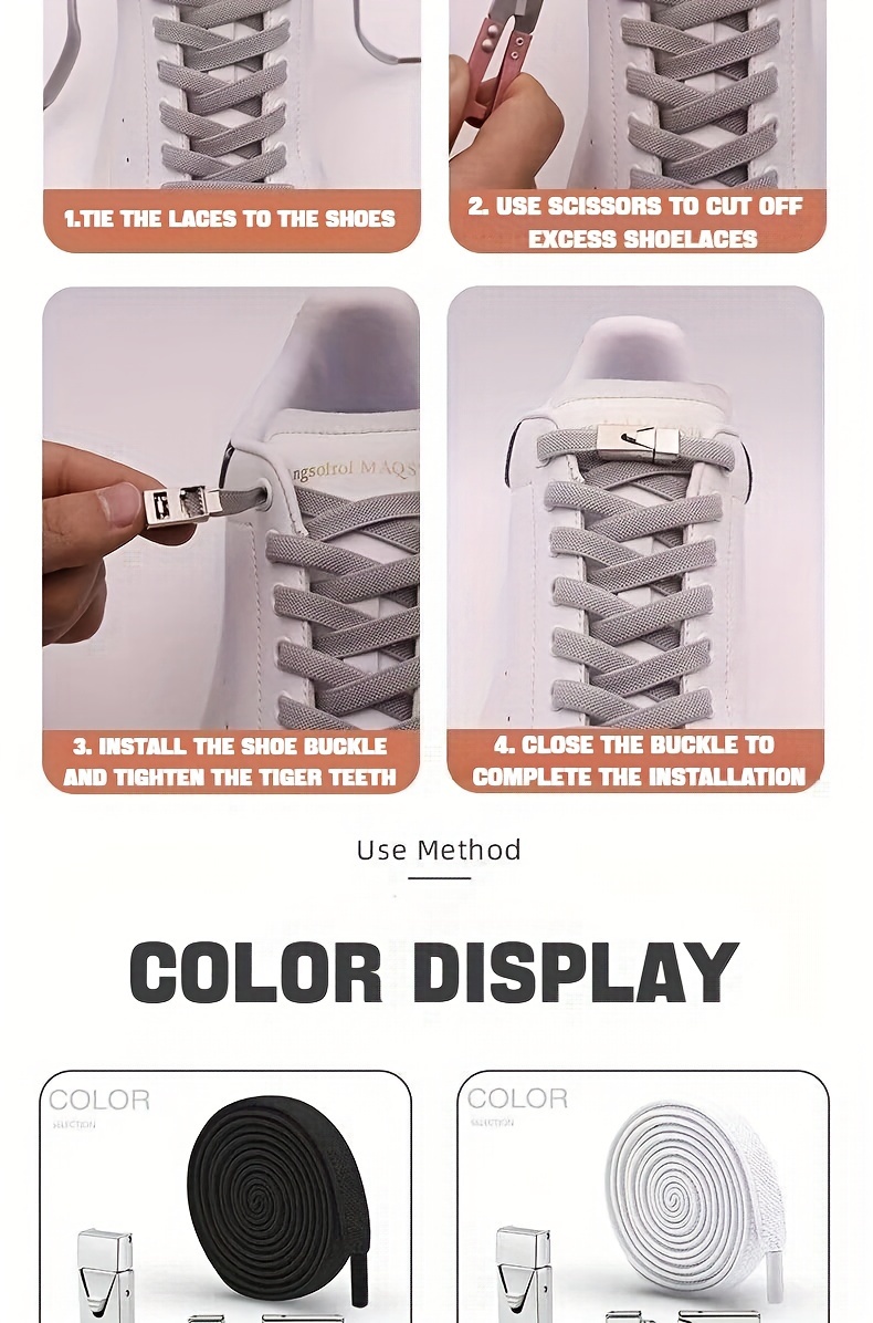 1 Pair of 8mm Wide Elastic Flat Straps with Metal Press Switch Buckle, Free Binding and Tying, Lazyman's Shoelaces