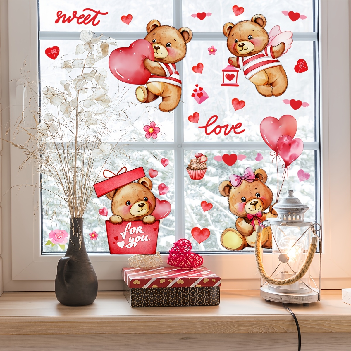 

Contemporary Valentine's Day Teddy Bear Heart Balloons Window Stickers - 2 Sheets, Reusable Pvc, Static Cling, Double-sided Visual, Removable Holiday Decoration D10010-kq