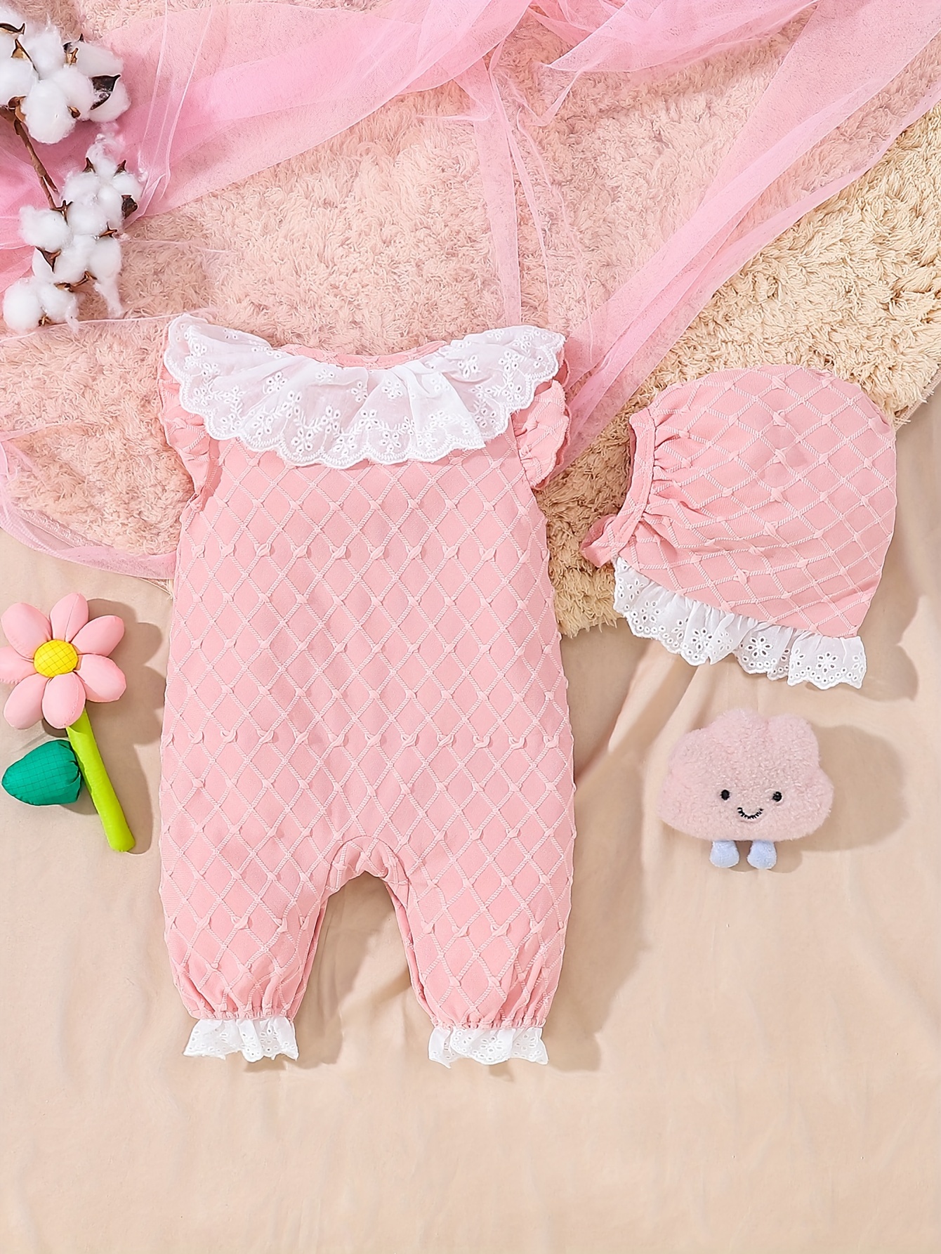 2pcs Baby Girl'S Pink Sleeveless Romper Hat Set Soft Breathable Solid  Color with White Lace Trim, Adjustable Straps Cuffs S