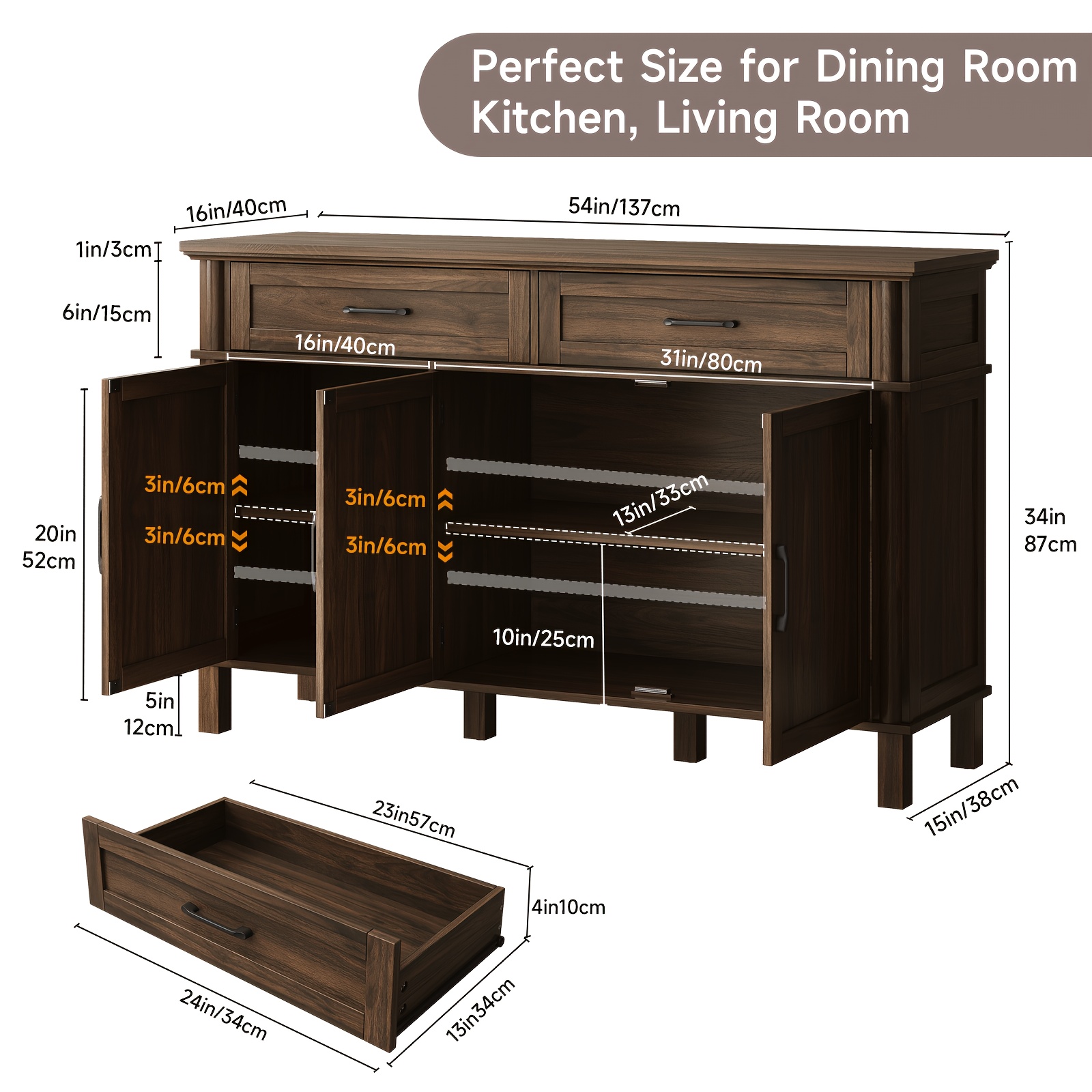 Farmhouse 48 Inch Buffet Cabinet with Storage, 48 Inch Sideboard with 2 Drawers And 3 Doors - Wood Coffee Bar Cabinet with Adjustable Shelves for Kitchen, Dining Room, Living Room