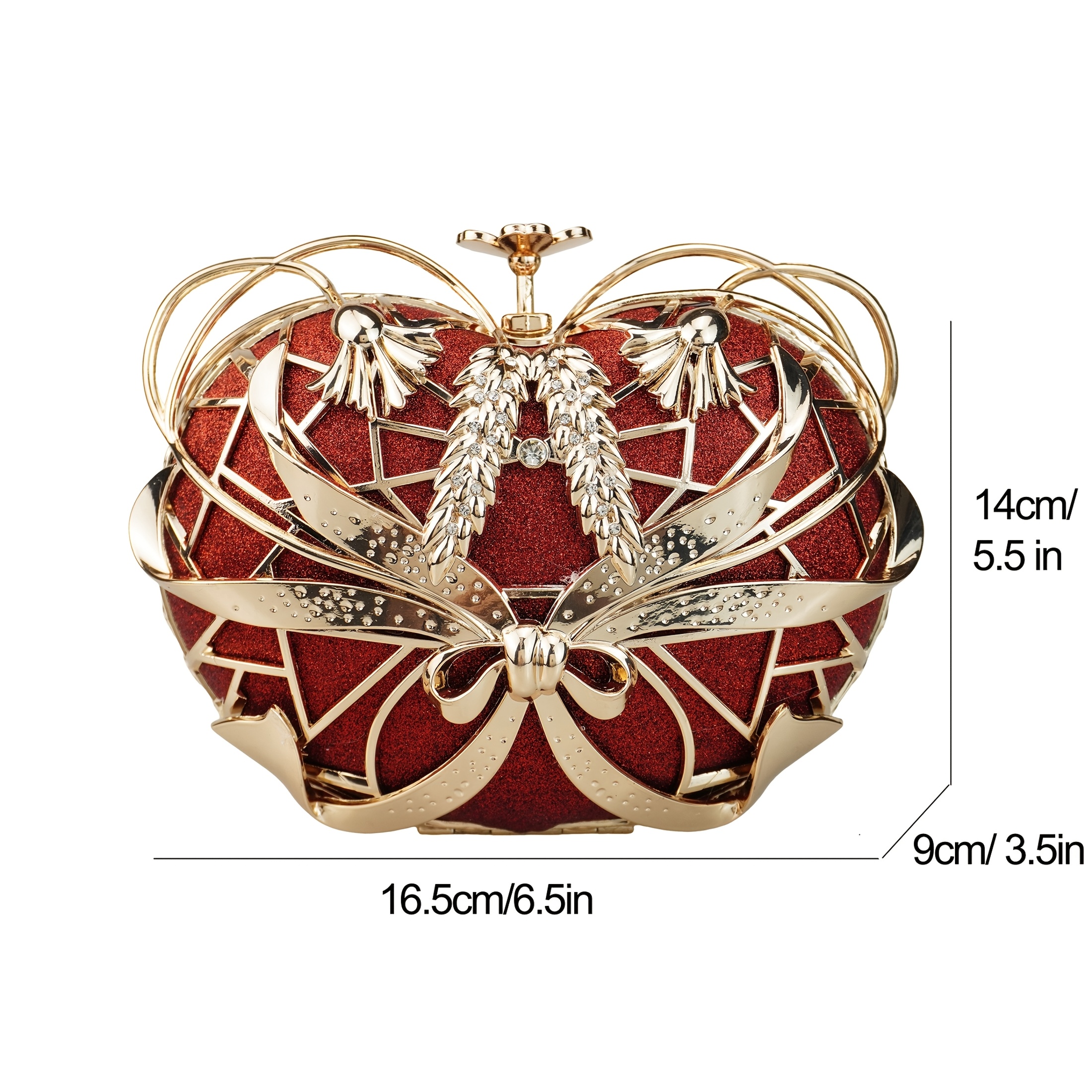 Luxury Red Rhinestone Apple Clutch - Elegant Floral Design Metal Handbag with Golden-Tone Hardware, Sparkling Crystals & Polyester Lining, Perfect for Evening Events, Gifts, and Christmas
