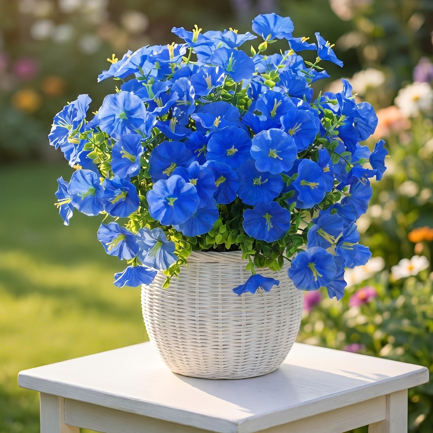 28pcs Uv Resistant Artificial Flowers - Blue Faux Plastic Fake Plants With Eucalyptus For Outdoor Indoor Porch Patio Planter Window Box Garden Home Decor
