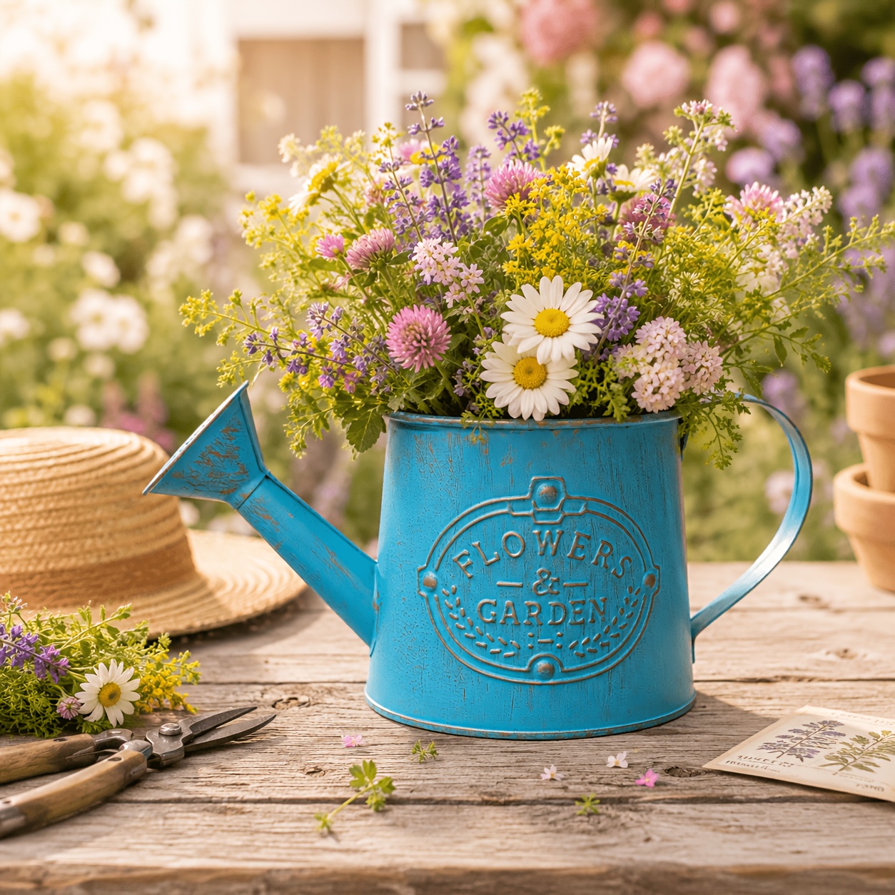 TEMU 1pc Green Metal Watering Can Flower Pot, Embossed Flower Bucket Engraved With Flowers And Garden, Rustic Garden Courtyard Landscaping Ornament,
