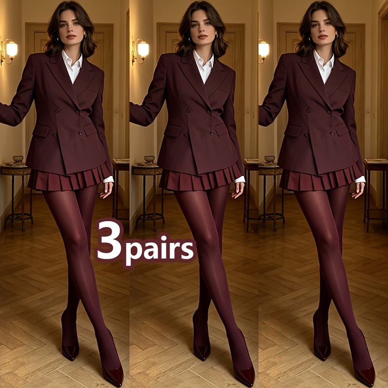 TEMU 3-pair Pack Korean Women's Burgundy Matte Leggings - High-stretch Retro Slim Full-length Trousers, Suitable For Parties, Gatherings, And Wear -