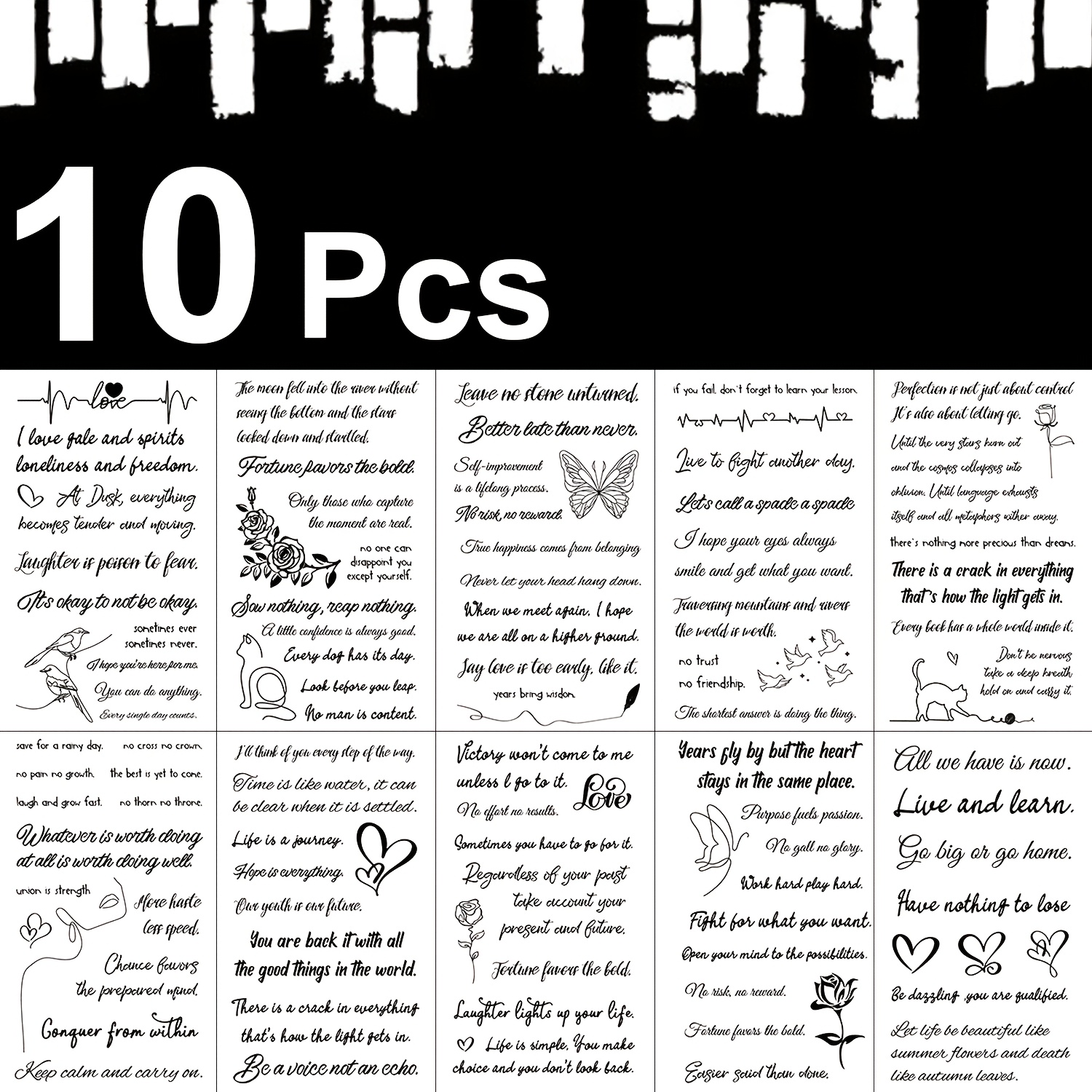 Image of 10 Sheets Realistic Temporary Tattoo Set | Over 100 Designs And Phrases For Fingers, Wrists, Ears, And Small Areas - Durable And Long-lasting Body Art Tattoo Stickers, Made Of Paper