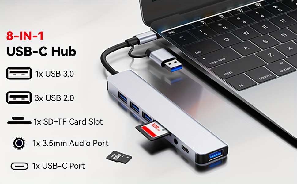 3 0 high speed   usb splitter 8 in 1 usb extender with 4 usb ports and 1 usbc tf sd card reader 3 5mm audio output suitable for       laptops     8 details 0