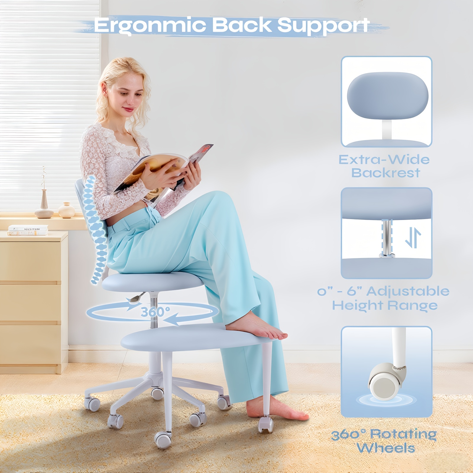 Pinmoco Ergonomic Cross Legged Office Chair, ADHD Must Have, 4 Inch Extra Thick , Strong Lumbar Support, Height-Adjustable , 360° Swivel Meditation Chair with Footrest, Yoga Chair, Christmas Gift for Fidgety Sitter And Yoga Lover