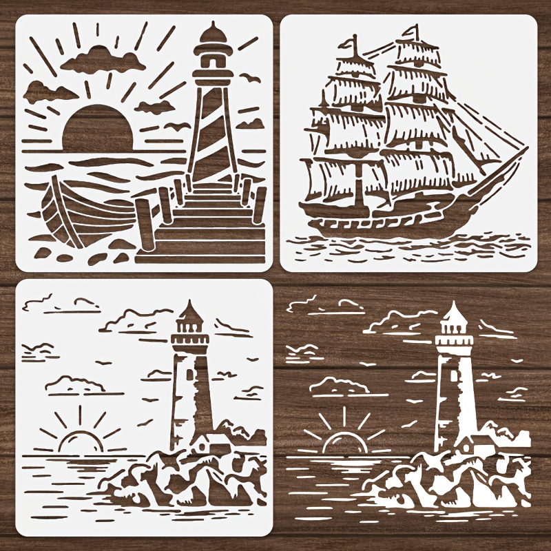 

3pcs Reusable Nautical Lighthouse Stencils - Ensemble de 3 pochoirs de dessin de phare et de - réutilisable de océanique et de maritime pour la décoration intérieure en bois, en plastique, blanc lait