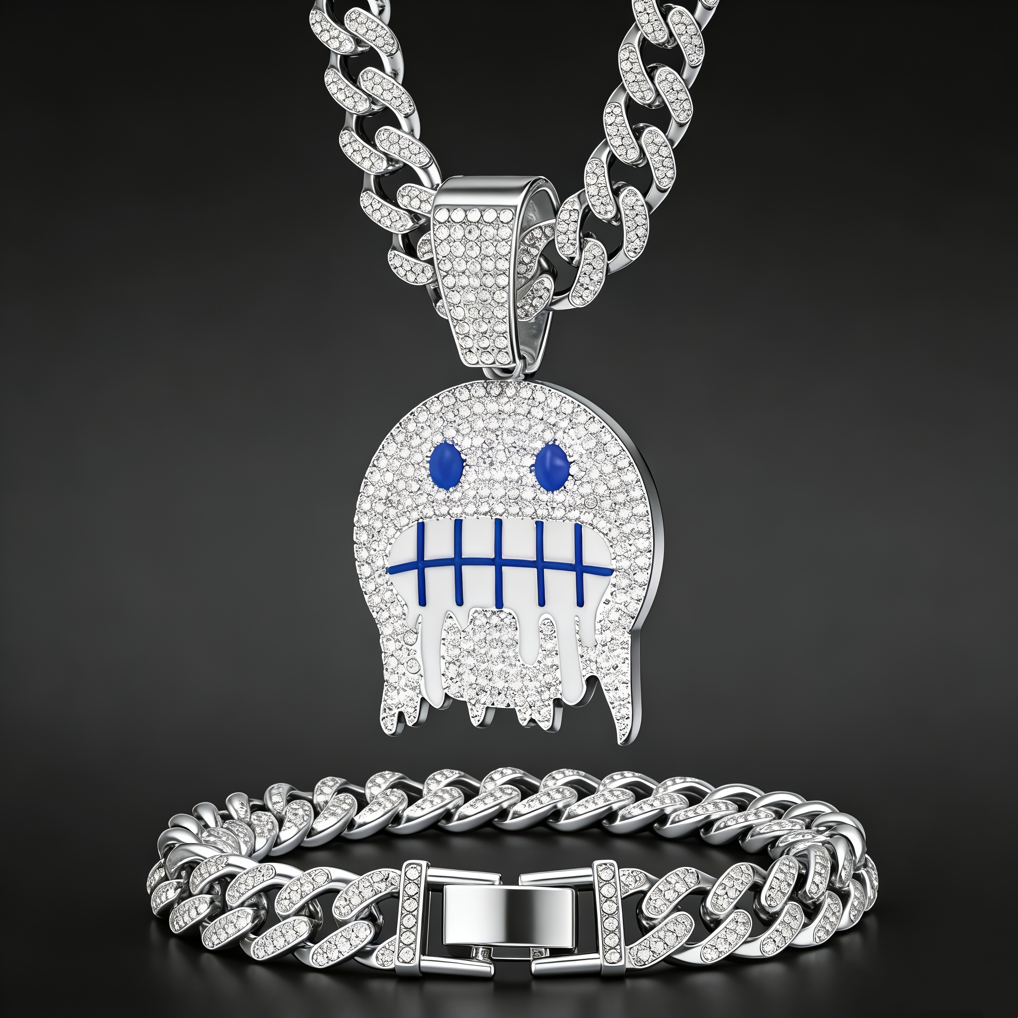 TEMU Exquisite Miami Cuban Link Chain, Shiny Pendant, Bracelet Set (19.68 Inches) - Y2k Hip-hop Style Sparkling Jewelry, Suitable For Daily Wear, Music Festivals, Nightclubs, And Gifts, Fashionable