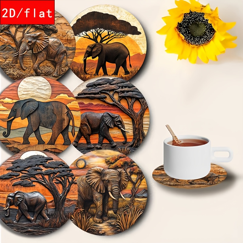 E-shop 2D-flaches 6-teiliges Untersetzer-Set aus Holz, Elefantenmuster-Design, geeignet für Tee, Kaffee Getränke, ideal für Heim- Restaurant-Dekor,